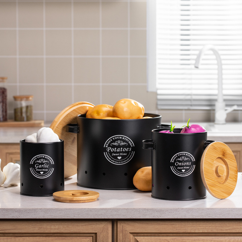 Amazon Bamboo Lid 3-piece Set Potato Storage Barrel Vegetable Storage Box Potato Onion Garlic Fresh-keeping Tank
