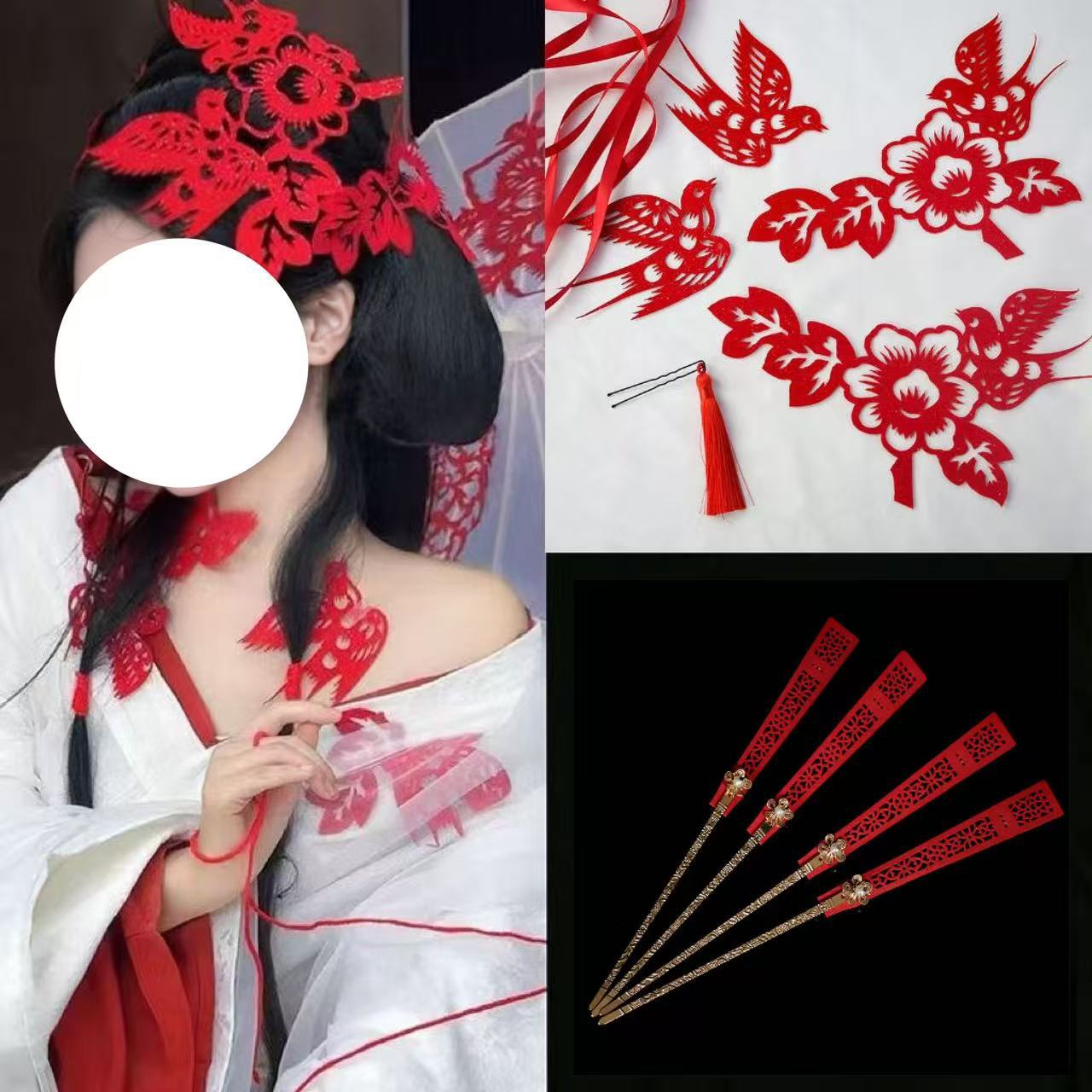 非遗传统剪纸汉服国风头饰新中式红色喜字发饰发簪喜鹊新年配饰品