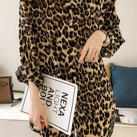 新款时尚宽松大码豹纹衬衫女长袖上衣中长款衬衣打底衫潮图片色