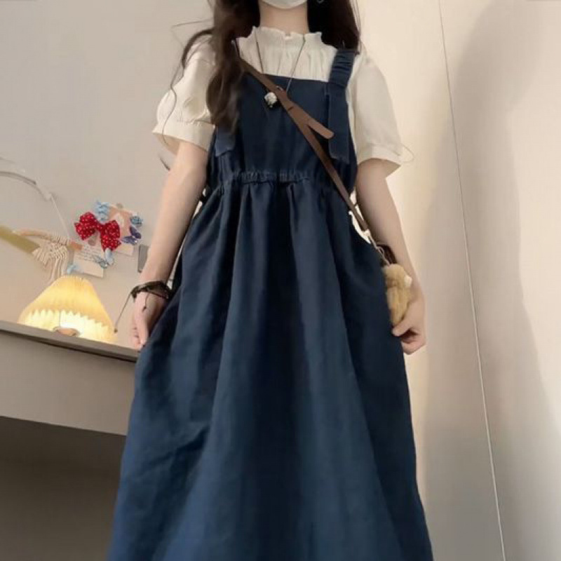 甜美学院风小个子宽松遮肉牛仔背带连衣裙+衬衫两件套装|undefined