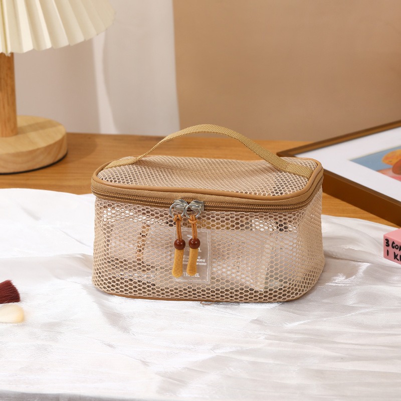 Bolsa de cosméticos estilo ins, bolsa de almacenamiento de zona de cosméticos de malla portátil portátil de gran capacidad