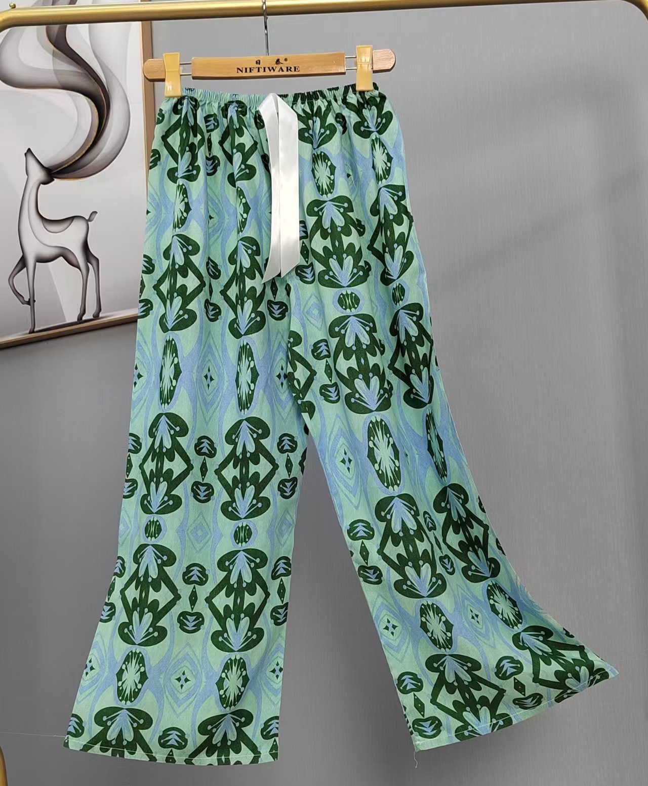 Pijama de seda de algodón para mujer, pantalones anchos de mujer embarazada de seda de algodón con estampado fino de verano