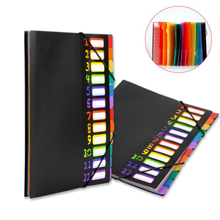Archivo de archivo de arco iris A4 - 12 páginas de libros de datos en color para estudiantes Clasificador de papel de prueba PP carpeta de paquete de órgano de cuerda
