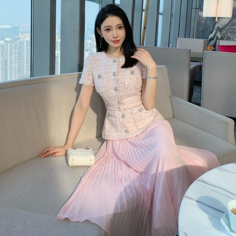 New Women's Pink Sequin Floral Embroidered Tweed Patchwork Chiffon Faux Two-Piece Long Dress Gown