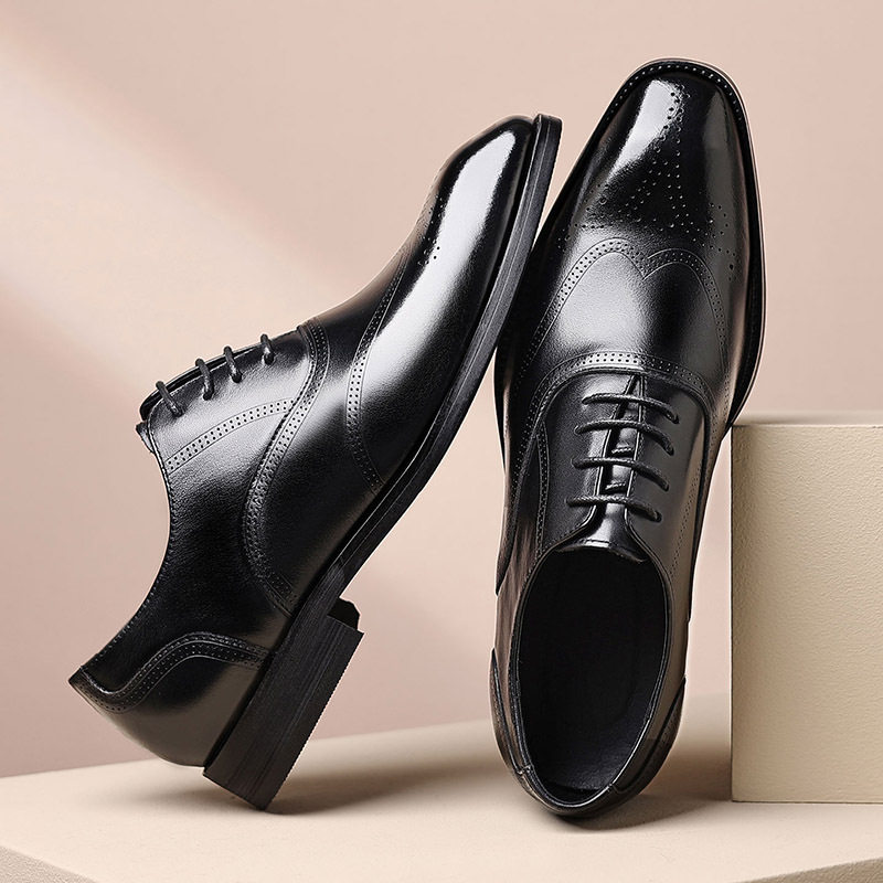 Giày da nam công sở da bò lớp đầu mũi nhọn Brogue buộc dây đế gỗ — Màu nâu, màu đen