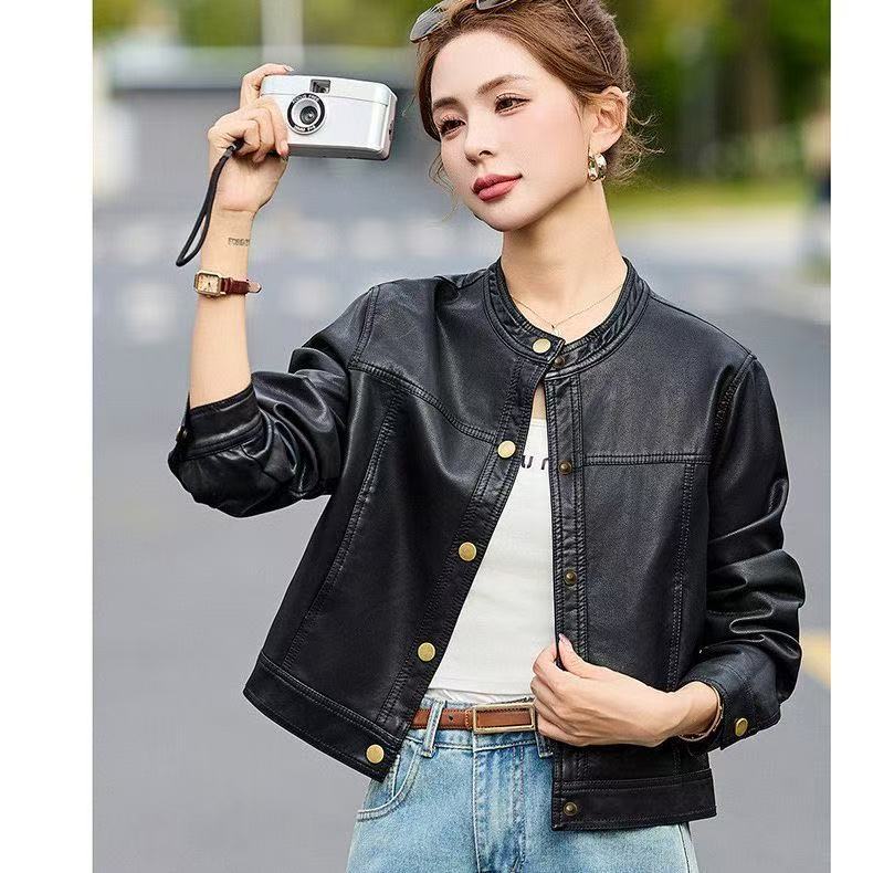 Haining Leather Jacket for Women, Spring and Autumn Fashion, Round Neck Pu Leather Coat, Casual Women's Leather Jacket, Korean Style New Product