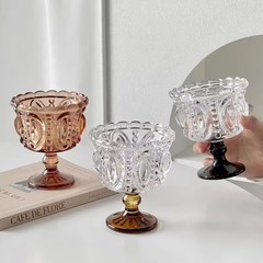 浮雕甜品宽口玻璃杯高颜值女生夏天加厚糖水碗高脚雪糕冰淇淋杯子