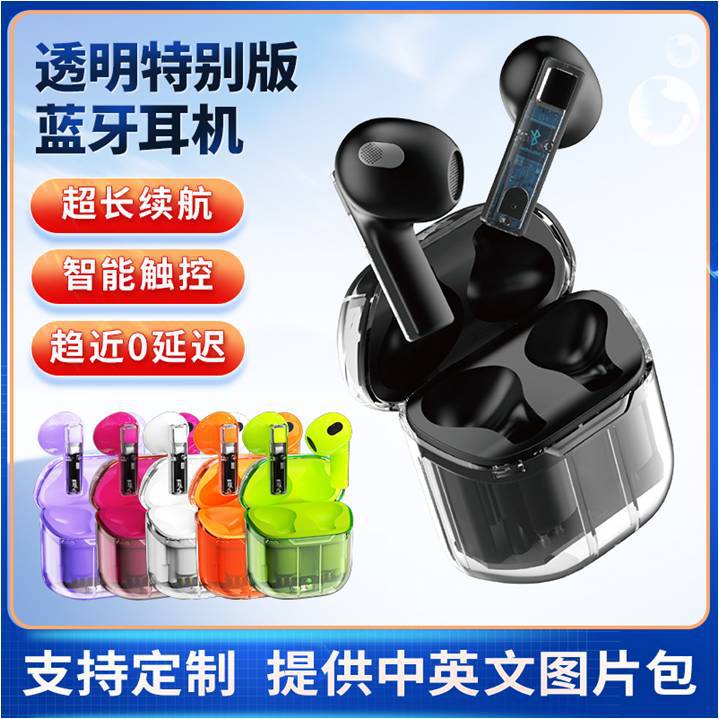 Cross-Border New Model Wireless Bluetooth Earphones, Transparent Design, Sports Earbuds, Ultra-Long Battery Life, Noise Reduction, Wholesale True Wireless