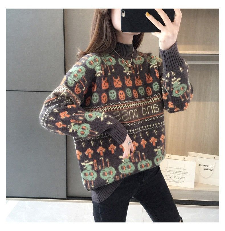 【 Cashmere Family】 Maglione da donna in maglia spessa con cappuccio, collo alto e corto, base in lana larga_voghion.com