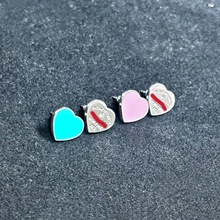 新款T家带钻爱心双拼蓝粉金耳钉跨境热卖爆款耳钉ins风