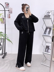 プラスサイズの女性の服 1.0-150kg 太った女性のためのカジュアルスーツ、痩身、年齢を軽減する長袖トップスとパンツの 2 点セット
