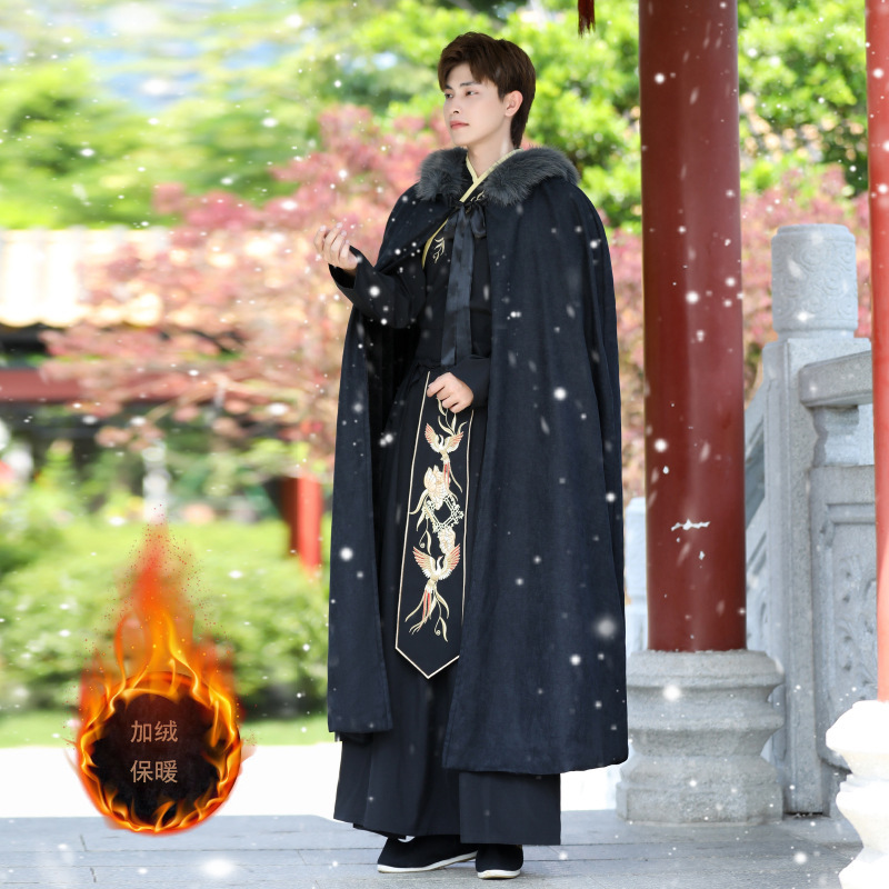 Autumn and Winter New Men's Traditional Hanfu Cloak Men's Han Elements Phoenix Wings Black Long Fleece-lined Thickened Coat Cloak