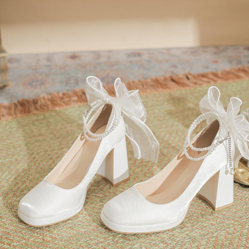 White high heels, wedding shoes with bow square toe platform for bride, 2026 years, wide stable heel