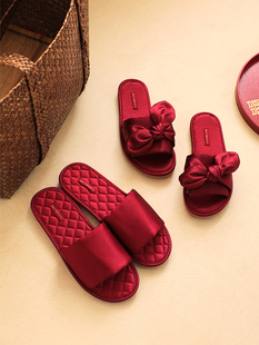 ♔ Wedding Slippers Festive Red Pair Summer Bride Couple Summer Satin Wedding Shoes for Happy Events
