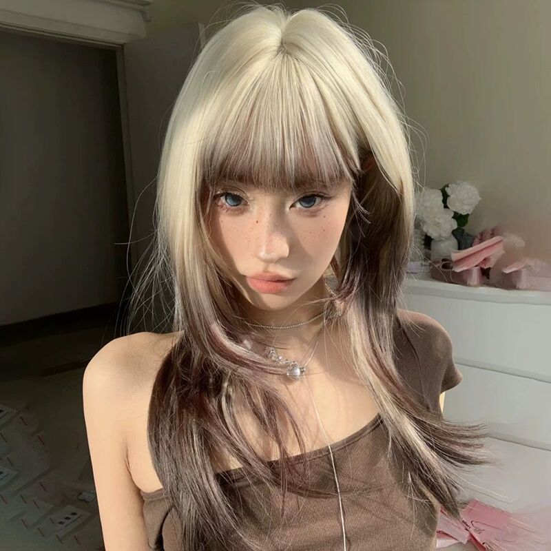 Wig Women's Golden Gradient Black Spotted Sweet Women's Siamese Cat Wig Long Straight Hair Full Head Cover Wig Women's Golden Gradient Black Spotted Sweet Women's Siamese Cat Wig Long Straight Hair Full Head Cover