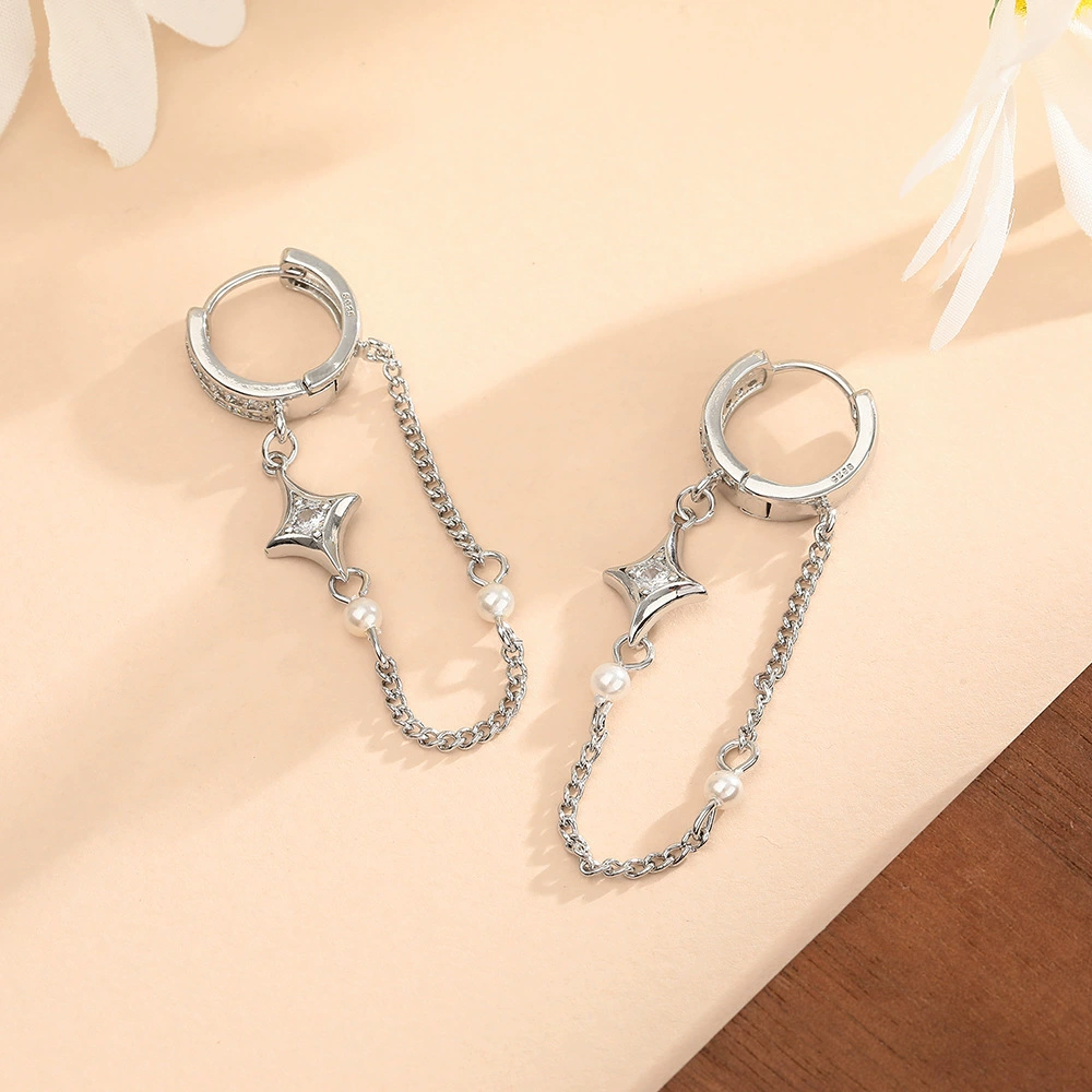 Sophisticated zirconium, long chain, earrings with tassels from pearl, European style