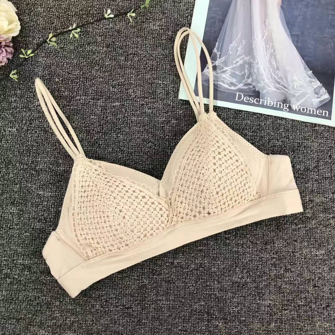 Bra de encaje del sudeste asiático, ropa interior de mujer, bra de copa triangular francesa, verano sin anillo de acero, copa delgada, algodón sexy y cómodo para la piel