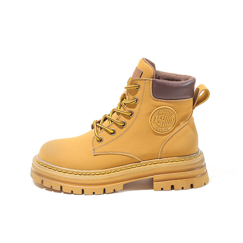 Leather Yellow Boot Women  New Model Fleece Warm Short Boot Thick Sole Inward Heel Retro British Style Martin Boot