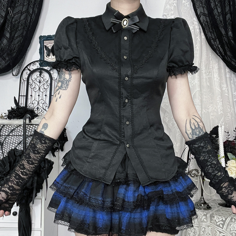 XS25165 ベーシックシャツトップダークスタイル夏の新しいレトロな着用カレッジスタイルレーストップ女性のための|undefined