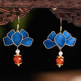 非遗掐丝绒花蚕丝仿点翠蝴蝶珍珠耳环日常旗袍烧蓝古风汉服耳饰品