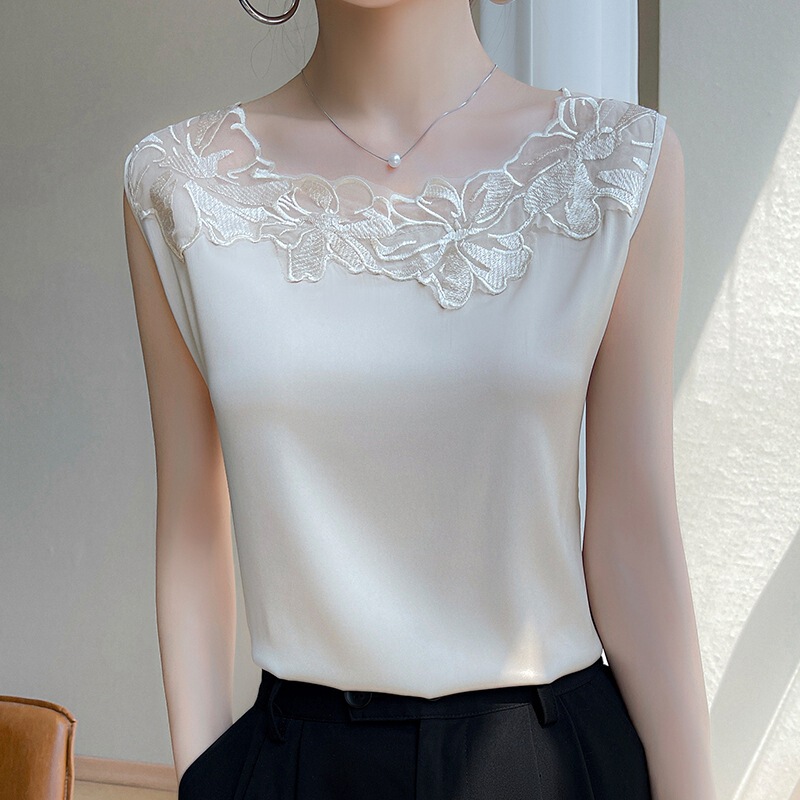 Silk Satin 2026 Spring/Summer New Women's Round Neck Sleeveless Vest T-Shirt with Mesh Patchwork Versatile Base Shirt