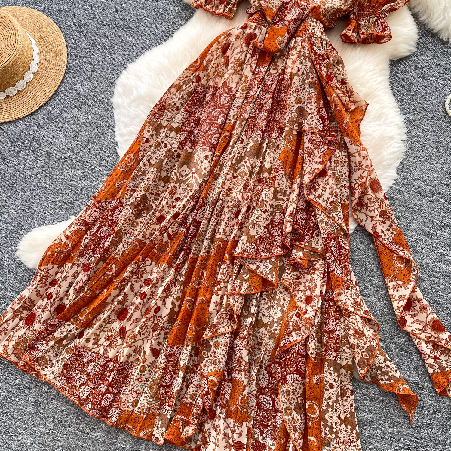 Retro Printed Dress Short Sleeved a Line Skirt Long Slimming Elegant Summer Women's Clothing_ecoleips.com