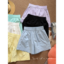 日系松紧腰拼接六色短裤夏季新款甜美糖果色阔腿裤时尚靴裤薄款