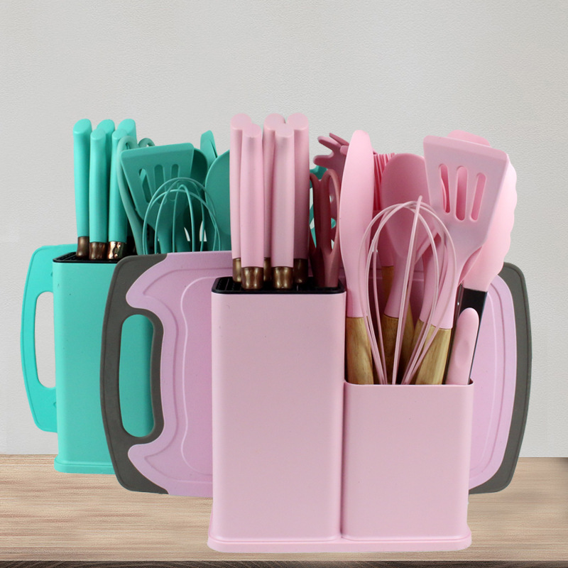 Spot gel de sílice utensilios de cocina resistentes a altas temperaturas sartén antiadherente cuchara de cocina cubo de almacenamiento conjunto de 19 piezas juego de herramientas de una pieza