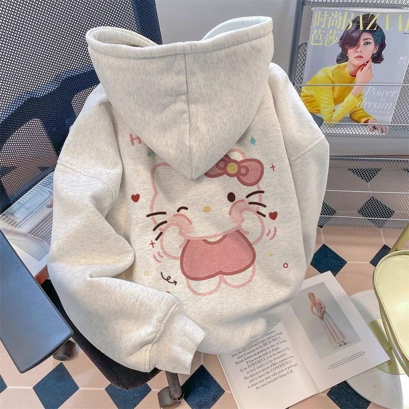 甜美校园风卫衣女连帽加绒厚款Kitty凯蒂猫印花宽松百搭春季上衣|undefined