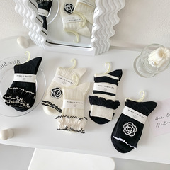 春夏襪子新款花邊襪子lolita全棉女飾品黑白山茶花jk中筒襪諸暨