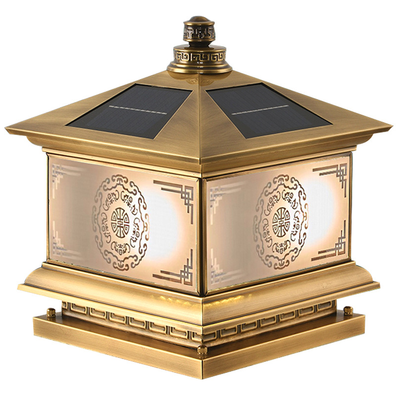 lámpara solar de cobre completo estilo chino de electricidad lámpara de pilar de patio al aire libre impermeable villa puerta mural jardín lámpara de pilar