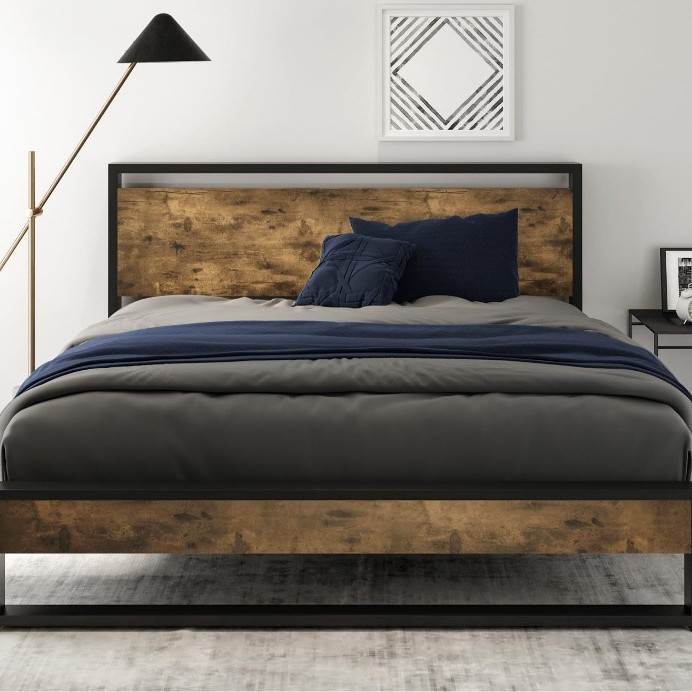 American-Style Heavy Metal Frame Bed Queen/Full Size Panel Headboard and Footboard Large Bed Frame