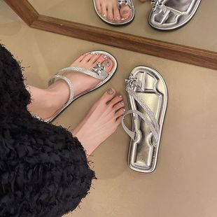 Fashion Design Sense silver Flip Flops Women's 2025 Summer New Outfit Flash Diamond Fairy Style Skirt Sandals