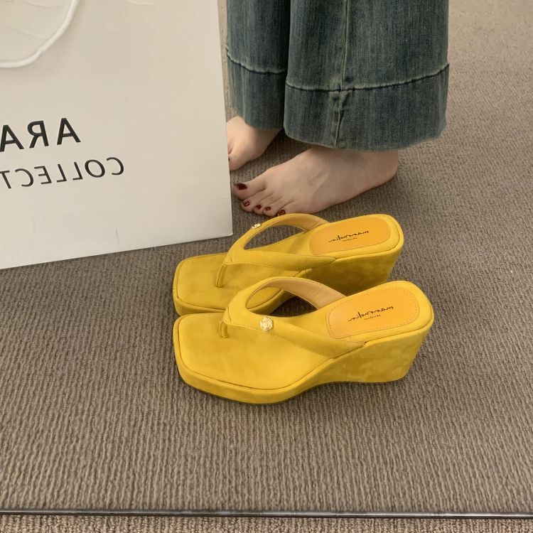 レトロスエード厚底ビーチサンダル女性用フレンチスタイル美しいウェッジビーチカジュアルホリデーサンダル|undefined