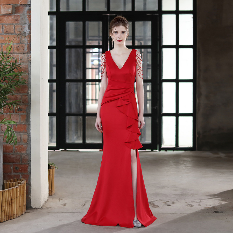 18698# Toast Dress Bride Long Sling Appreciation Banquet Slim Fishtail Dress Wedding Car Model Exhibition Dress 18698# Toast Dress Bride Long Sling Appreciation Banquet Slim Fishtail Dress Wedding Car Model Exhibition Dress
