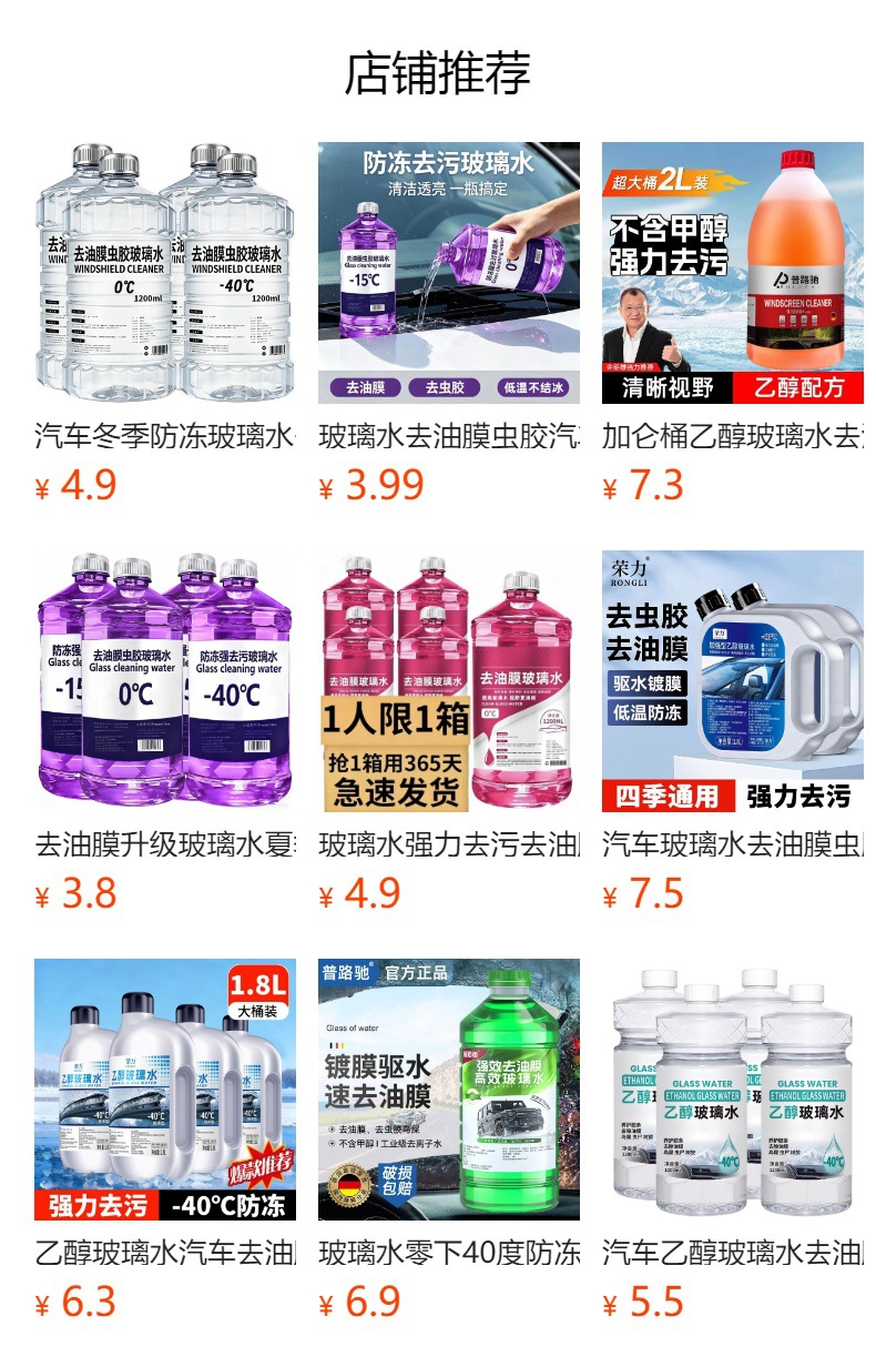 Premium glass cleaner for removing oil film and insect residue, specifically for cars, provides rain protection and maintenance in summer, and is anti-freeze in winter, suitable for all seasons