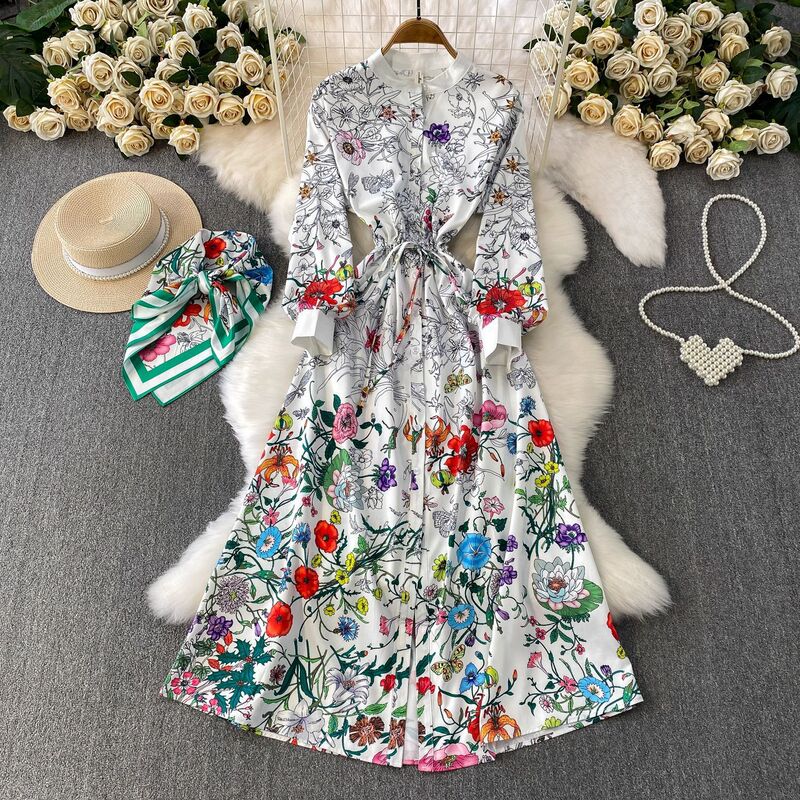 European and American cross-border foreign trade satin printed round-neck shirt dress for women, sweet and stylish, age-reducing, with scarf and waist-cinching long skirt European and American cross-border foreign trade satin printed round-neck shirt dress for women, sweet and stylish, age-reducing, with scarf and waist-cinching long skirt