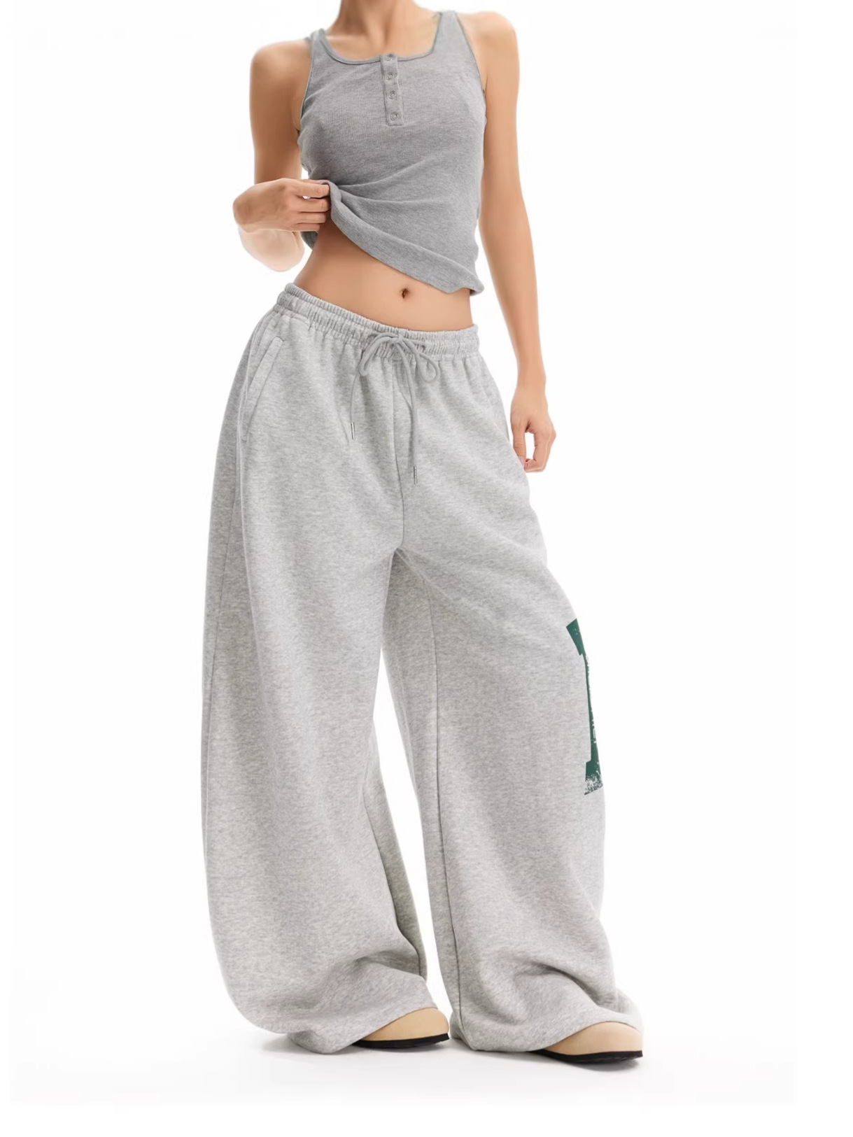 Japanese-Style Fresh and Simple Large Letter Print Jogger Wide-Leg Sweatpants for Women, Fashionable Loose Casual Curved Long Pants