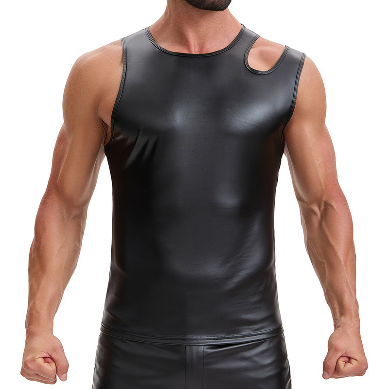 Cross-Border European and American Men's Matte Leather Vest with One-Shoulder Design, Ripped Details, Stretchy Slim Fit Sleeveless Top for Parties