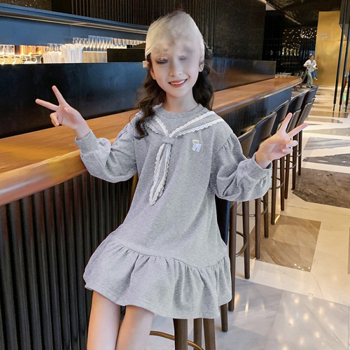 Girls' Autumn Dress 2024 Fashion Children's Long Sleeve Sweat Suit Spring and Autumn Medium and Large Girls' Medium and Long Length Skirt