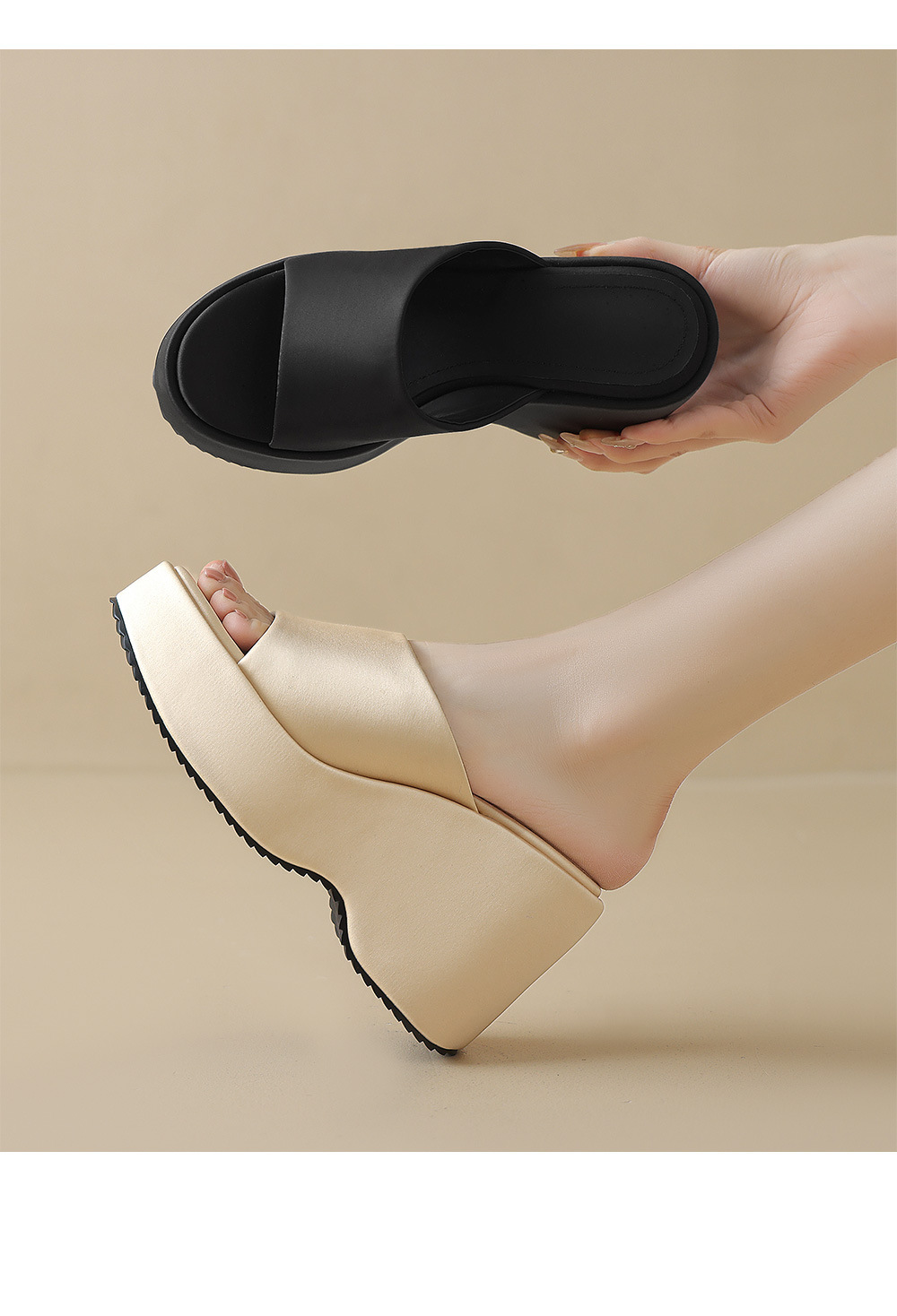 Sandal cao gót nữ hở mũi phong cách Anh đế xốp dày — Màu đen chi tiết 8