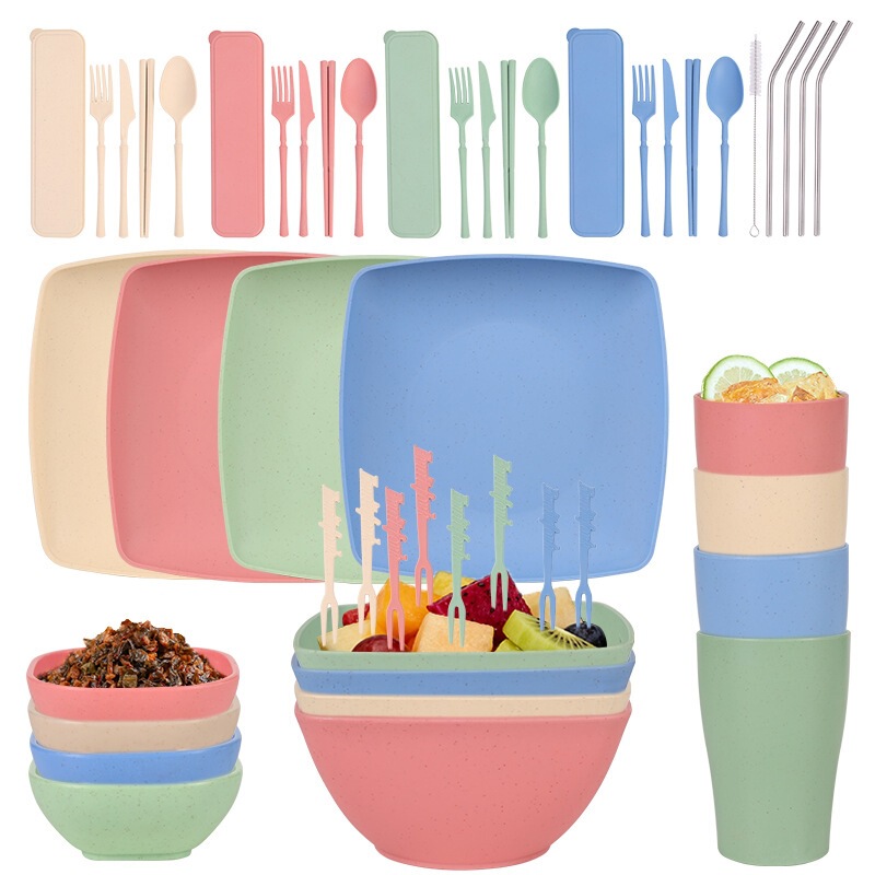 Amazon Cross-Border Wheat Straw Square Dinner Plate, Bowl, Cup, Knife, Fork, Spoon, Straw, Tableware, Outdoor Portable Set