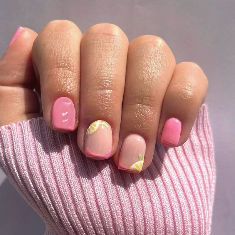 Short girl pink lemon honey pomelo fake nails finished cute sweet wear nail wholesale nails