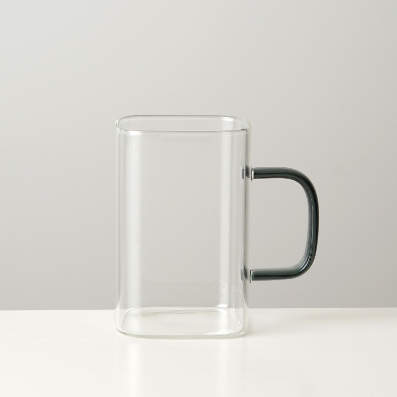 Taza de agua de boca cuadrada al por mayor, taza de vidrio cuadrada de borosilicato, taza de leche doméstica, taza de café con asa, taza de jugo simple