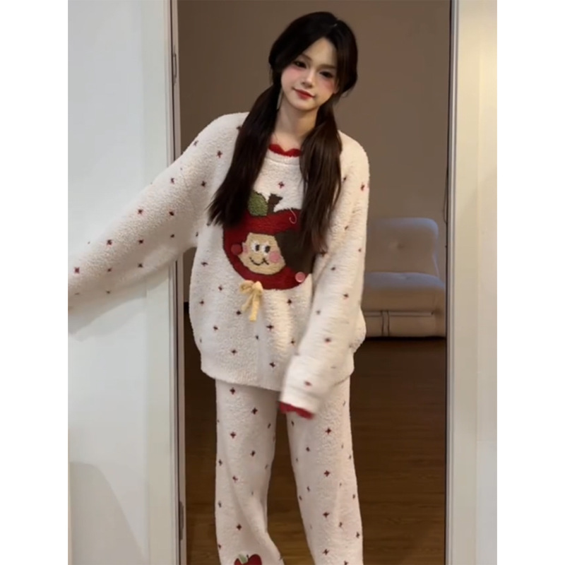 甜美卡通苹果半边绒睡衣女冬季2025季款加绒加厚家居服可外穿套装|undefined