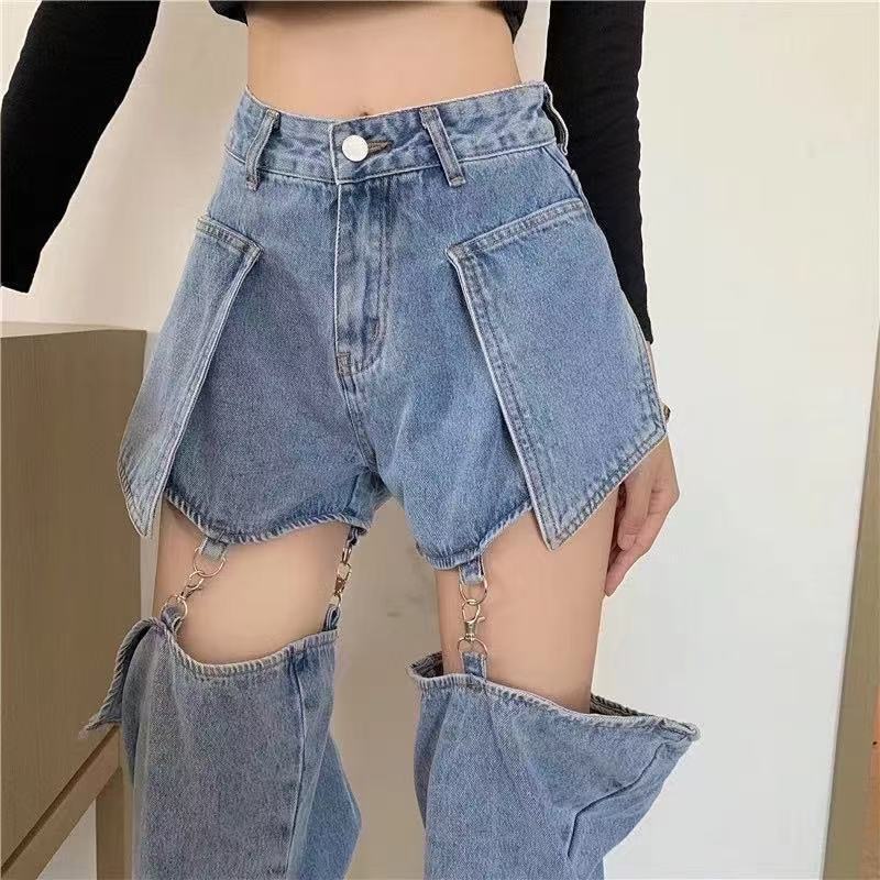 Women's Summer New Loose High-Waisted Slimming Wide-Leg Straight Jeans with Detachable Design Trendy Pants Women's Summer New Loose High-Waisted Slimming Wide-Leg Straight Jeans with Detachable Design Trendy Pants