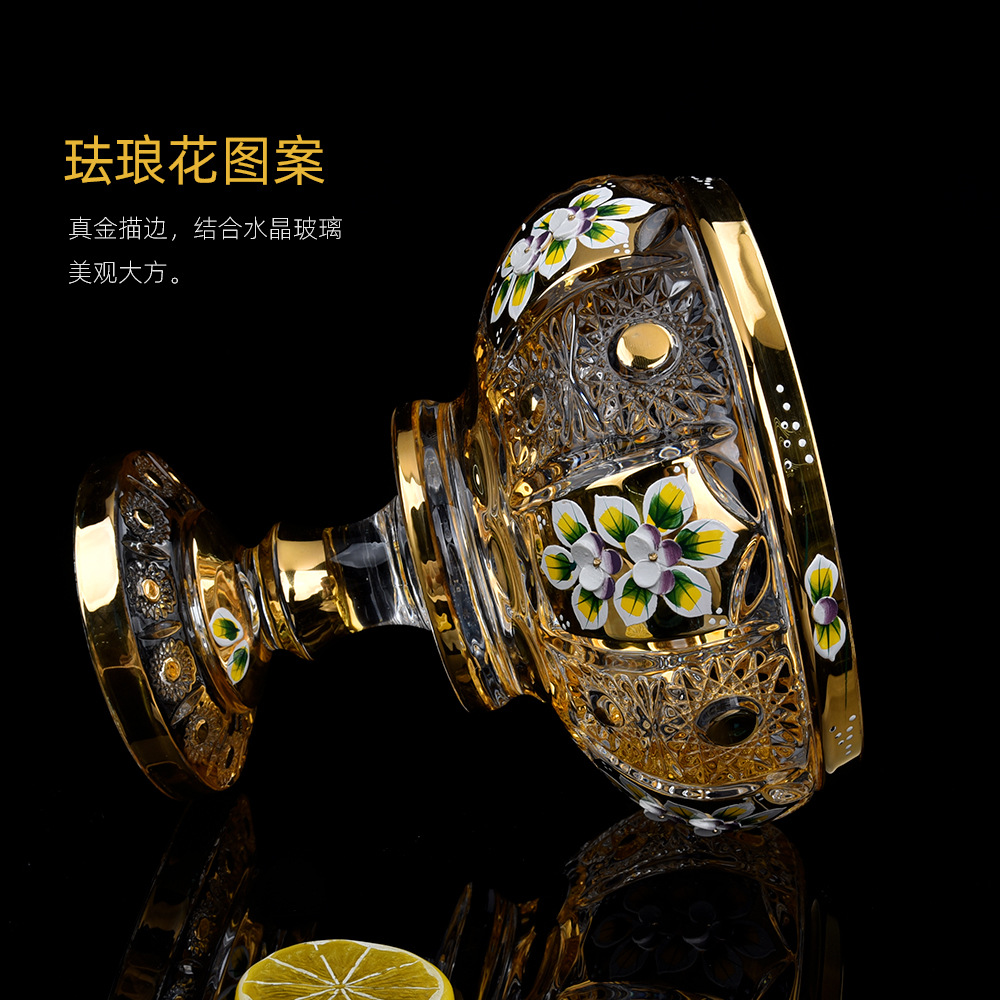 中东珐琅花果斗三件套北欧水晶玻璃高脚镀金果斗家居婚庆装饰摆件