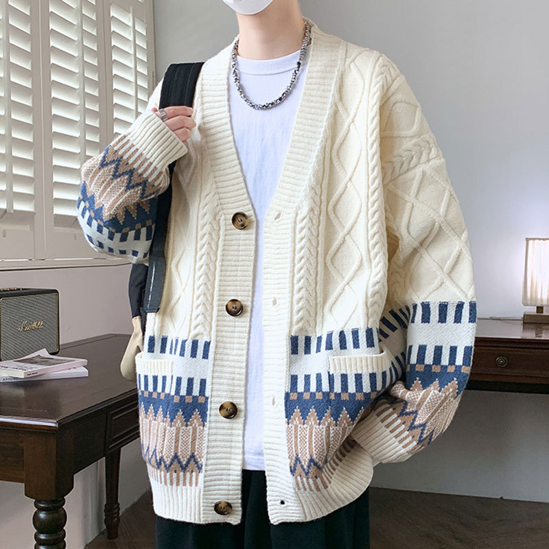 Knitted Cardigan Men's Autumn and Winter American Loose Twist Sweater Jacket Couple Style V Neck Lazy Style Men's Sweater