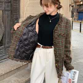 绿色格子羽绒服内胆小香风外套女秋冬新款今年流行加厚