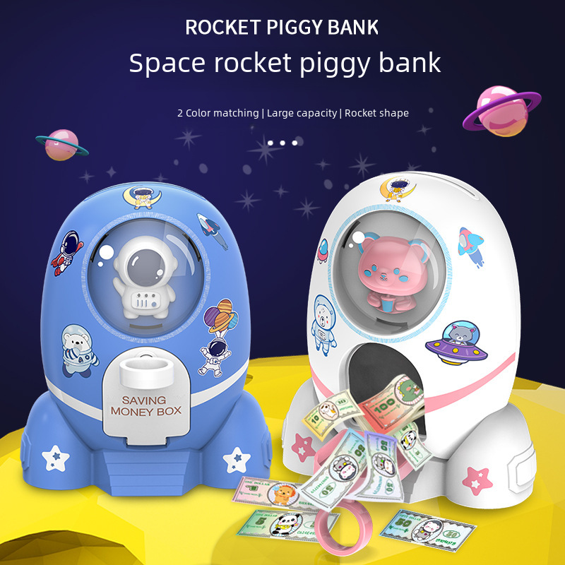 New rocket astronaut piggy bank cartoon sticker manual coin slot coin-operated children's savings bank toy